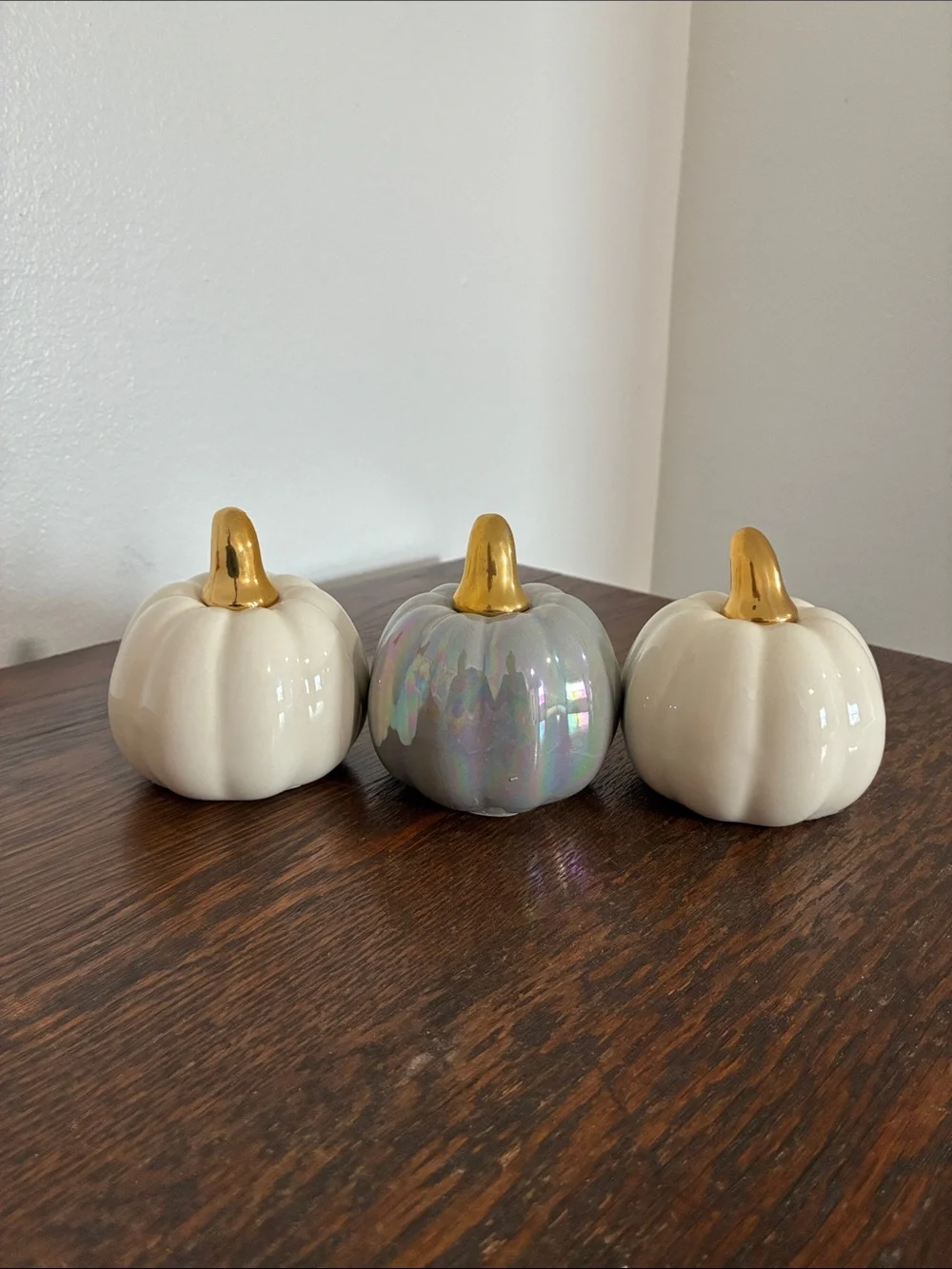 NWT- Set of 3- White & Gray Pearl Iridescent- Ceramic Pumpkins with Gold Stems